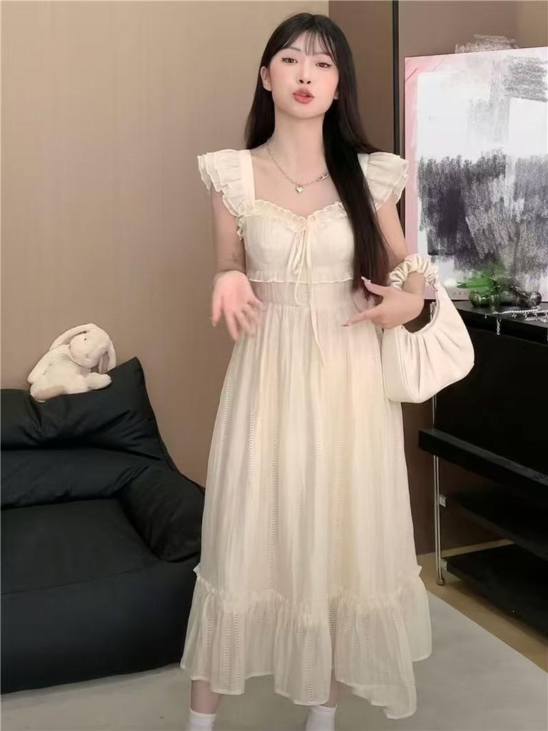 French Sweet First Love Xiaofei Sleeve Summer Dress New Waist Thin Knee Long Dress Temperament Beige