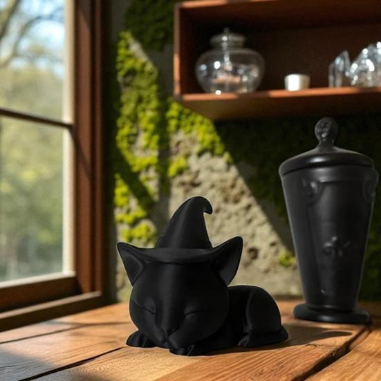 Black Cat Figurine Halloween Decoration Sleeping Witch Cat Sculpture Tabletop Ornament for Indoor Outdoor Garden Porch Desk Decor