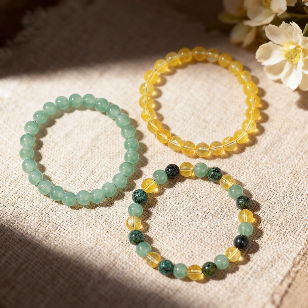 Festive Gifts Green Aventurine Golden Rutilated Quartz And Malachite Beaded Bracelet Set Natural Fashion Jewelry Daily Wear Simple Versatile Accessory