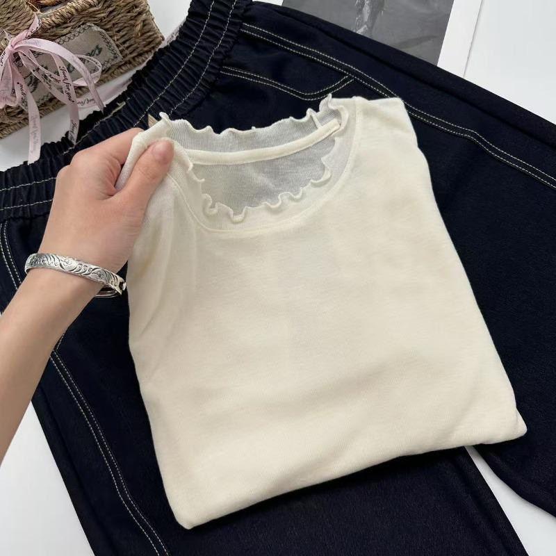 women ruffle trim crew neck t-shirt three-quarter sleeve casual loose fit solid color summer top