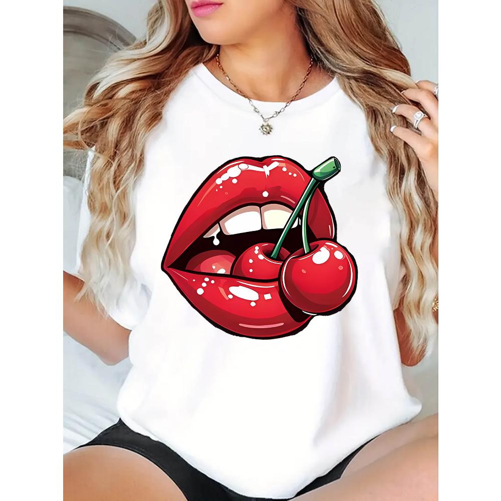 Women'S Casual Crew Neck T-Shirt with Cherry and Lip Graphic Harajuku Short Sleeve Casual Clothing Street Tops Aesthetic Clothes