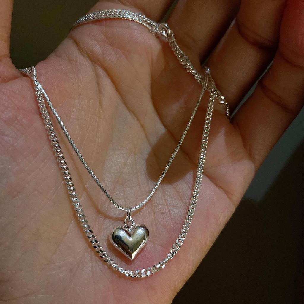 Elegant Korean Double Layer Heart Necklace - Retro Fashion Clavicle Chain for Women