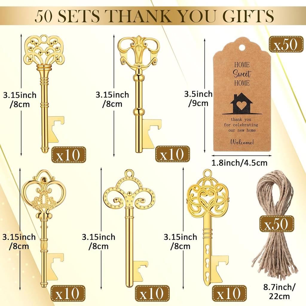 50 Sets Housewarming Skeleton Key Bottle Opener with Tags and Jute Rope Retro Skeleton Key Opener Home Sweet Home Party Favors for House Warming