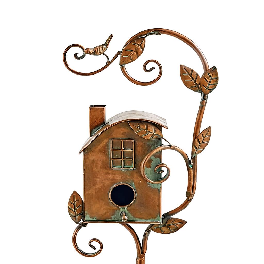 Handmade Iron Birdhouse Metal Garden Stakes Bird House Pole Stand Rustic Feeder Nesting Box for Outside Patio