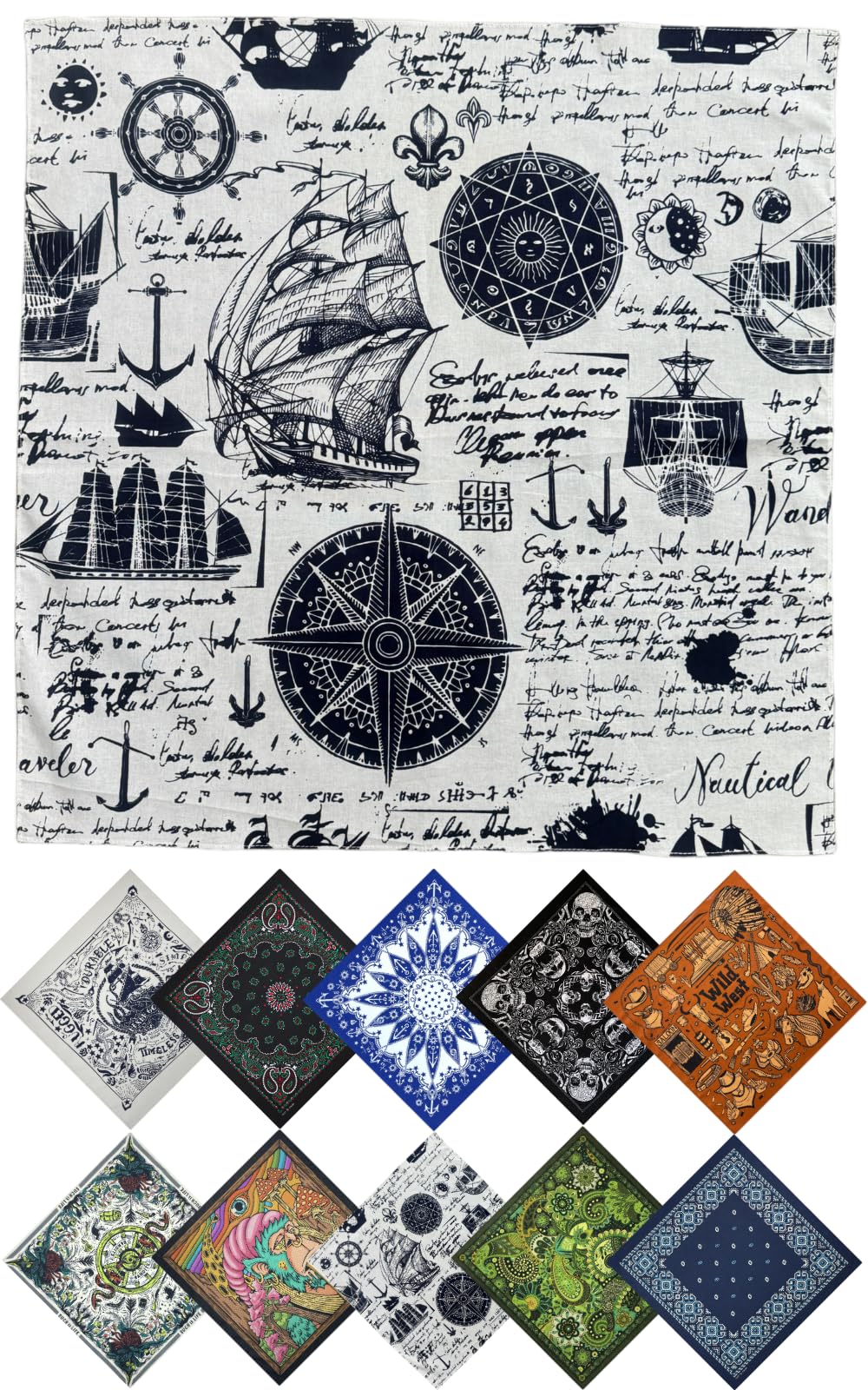 TERTIS Bandana Large Cotton Adult Stylish Handkerchief Doo Rag Headband Turban Scarf Black Red Blue White (white anchor)