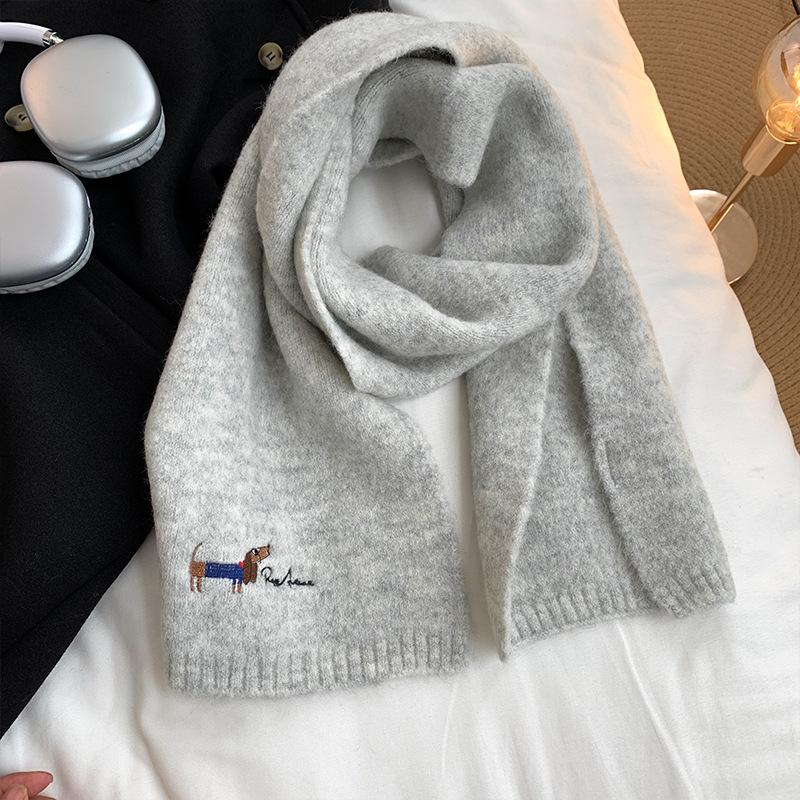Japanese Embroidery Puppy Solid Color Knitted Scarf Female Autumn and Winter Student Warm Versatile Cashmere Scarf Unisex