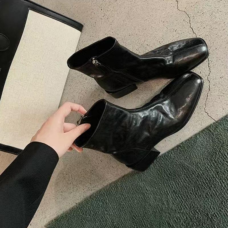 

Виноградная Мама Корейский Стиль Женские Ботильоны Мартин с Квадратным Носком и Массивным Каблуком - Осенне-Зимние Ботильоны из Вымытой Лошадиной Кожи 39