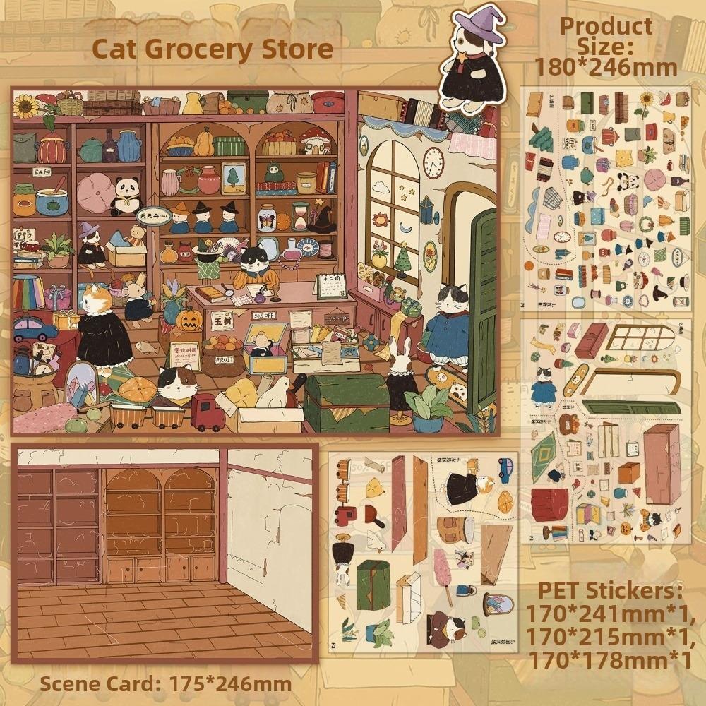 PET Mini Landscape Stickers Cats Cafe Mini Scene Sticker DIY Pocket Cabin Sticker for Kid Adult