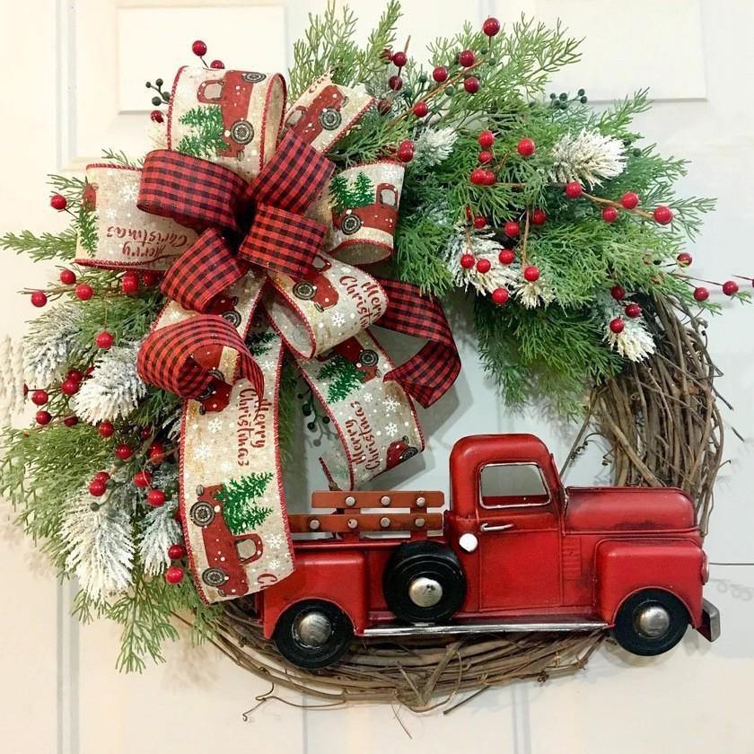 35cm Christmas Wreath with Red Truck, Handmade Front Door Christmas Garland, Xmas Pine Berry Wreath for Holiday Home Party Decor, Free Shipping