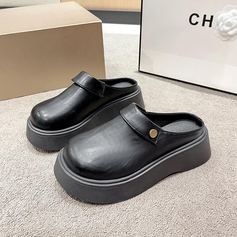 One Pedal Muffin Platform Loafers Women's 2025 Spring New Fashion Temperament Slippers British Style Small Leather Shoes Tide