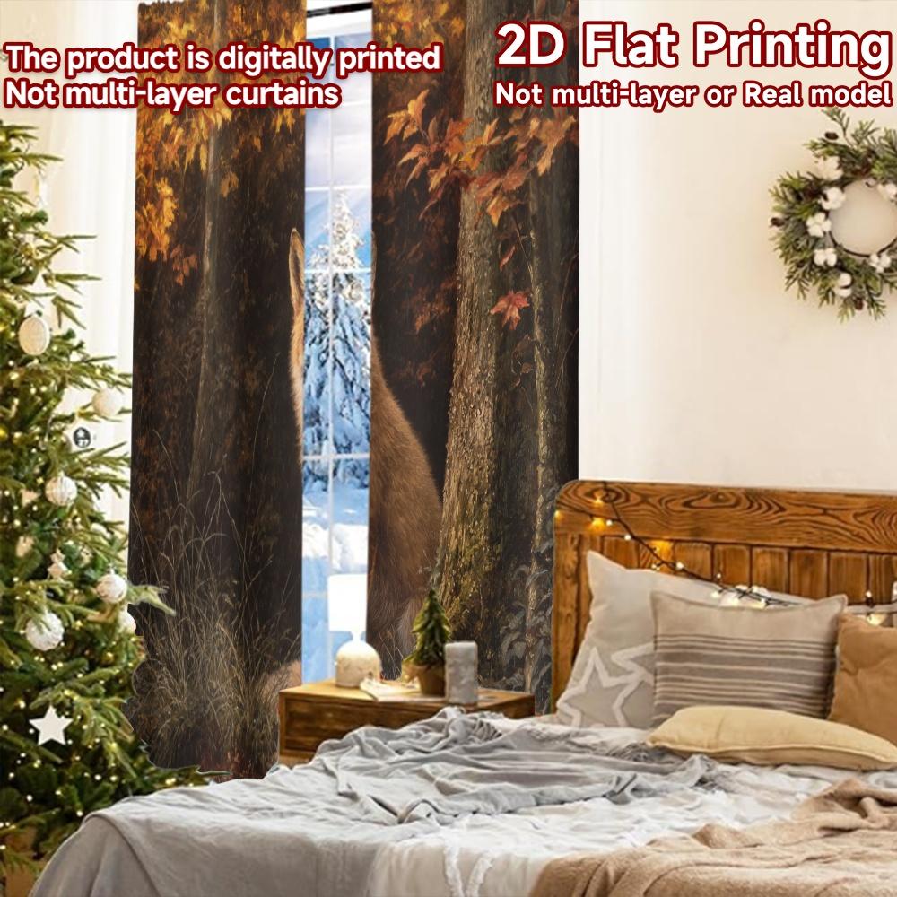 2pcs, 2D FLAT PRINTING Curtains (Without Rod) Autumn Fox Scene Chic Print Curtains Festival Versatile Polyester Curtains Outdoor