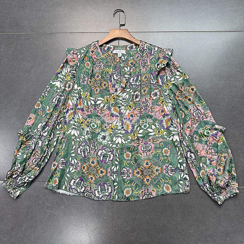 

Export Pure Original CV * Rent Ai * Slippery Material V-neck Flounce Loose Version Print Chiffon Shirt Tops Small green flowers (micro-spinning) M