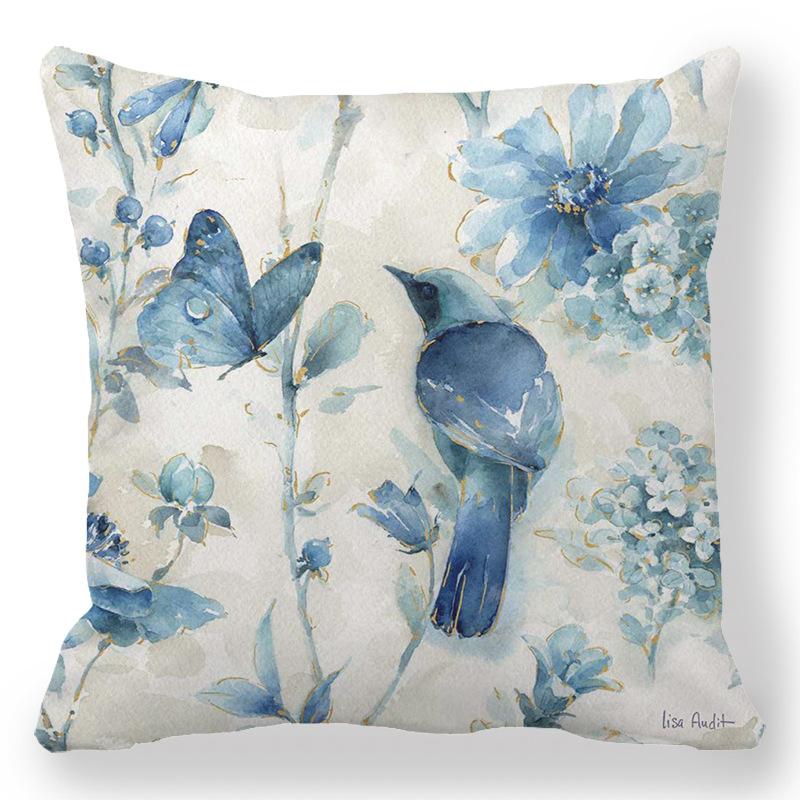 Home Decor Blue Floral & Bird Patterned Pillow Covers Pattern Cushion Cover Suitable For Sofa Bedroom Car Pillow Cover