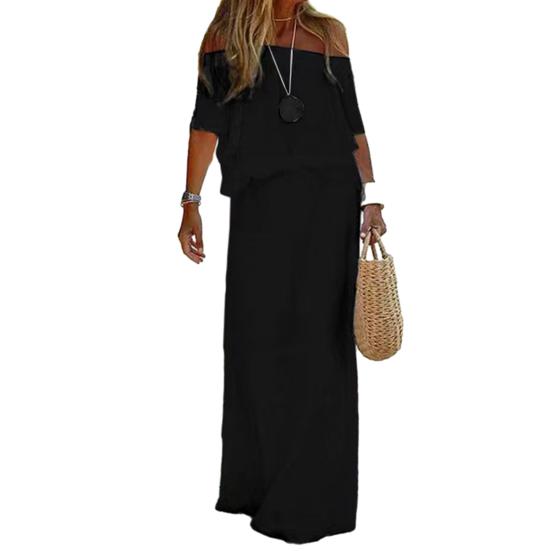 Casual Dress Off Shoulder Short Sleeve Elastic Waist Women Dress Solid Color Loose Cut