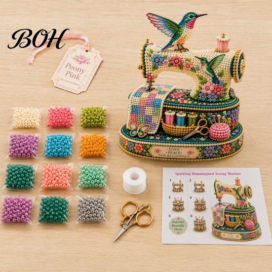 Desktop Decorative Craft Tiny 3D Beaded Sewing Machine DIY Kit for Kids & Adults, Exquisite Hummingbird Handmade Bead Set, Stress Relief Creative