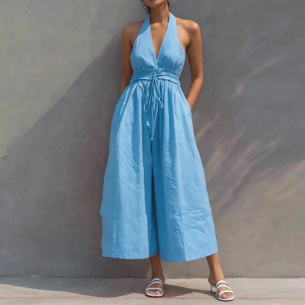 Jumpsuits Für Damen Ärmellos Spaghettiträger Damen Jumpsuit Weiter Beinschnitt Mit Taschen