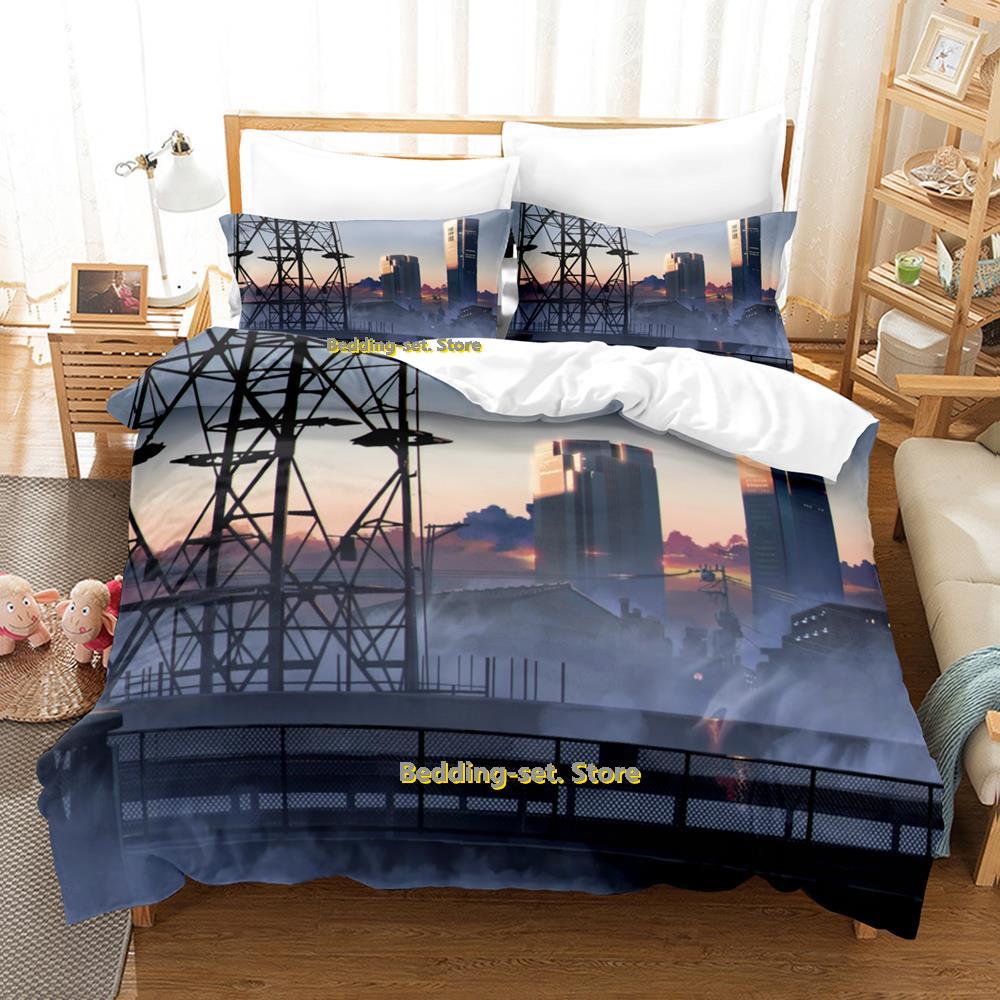 Zestaw pościeli Anime City Pojedynczy Bliźniak Pełny Queen King Size Zestaw do łóżka Sypialnia dla dorosłych Dzieci Zestawy poszewek na kołdrę Druk 3D Prześcieradło Anime