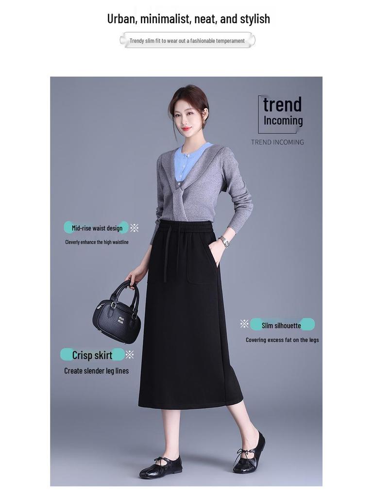 Slimming Draped Black Midi Skirt - Spring/Summer 2026 Collection, Elastic Waist, Casual Fit