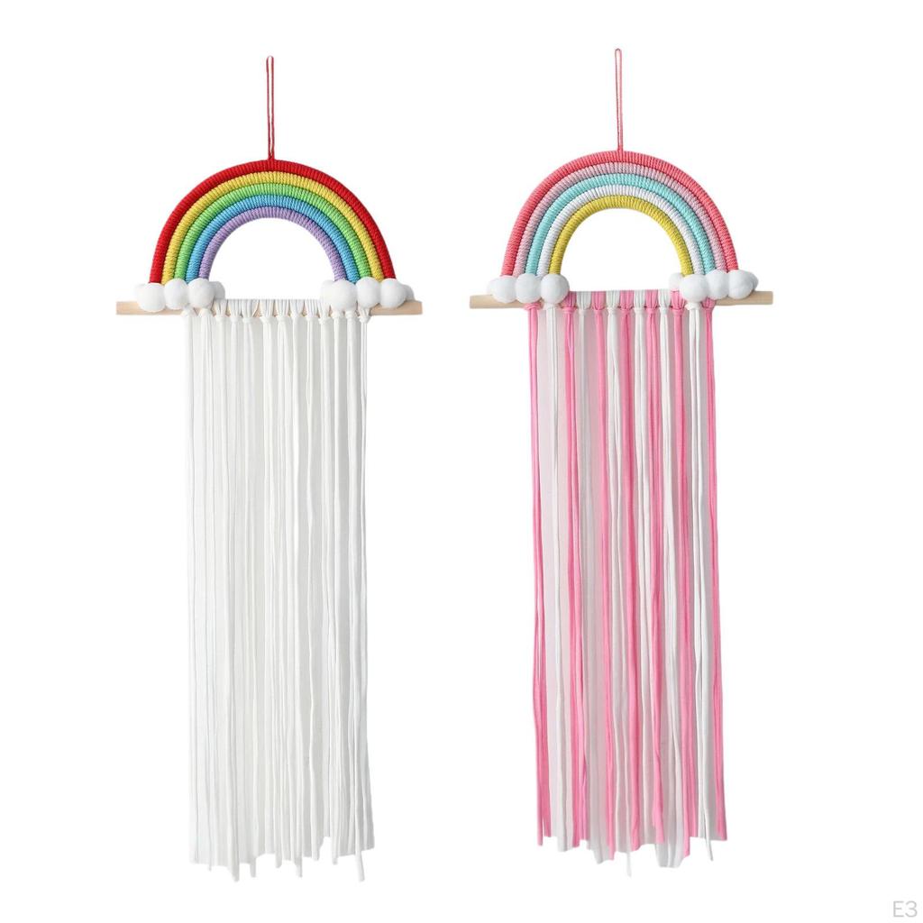 Bow Holder Organizer for Girls Hair Bows Wall Decor Tassels Rainbow Tapestry Clips Hanger