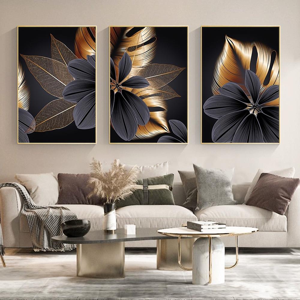3 Pezzi Pittura su Tela Foglia di Pianta Nera Dorata Senza Cornice Arte Murale Astratta Decorazione Soggiorno Nordico Quadro Arredamento Moderno per la Casa
