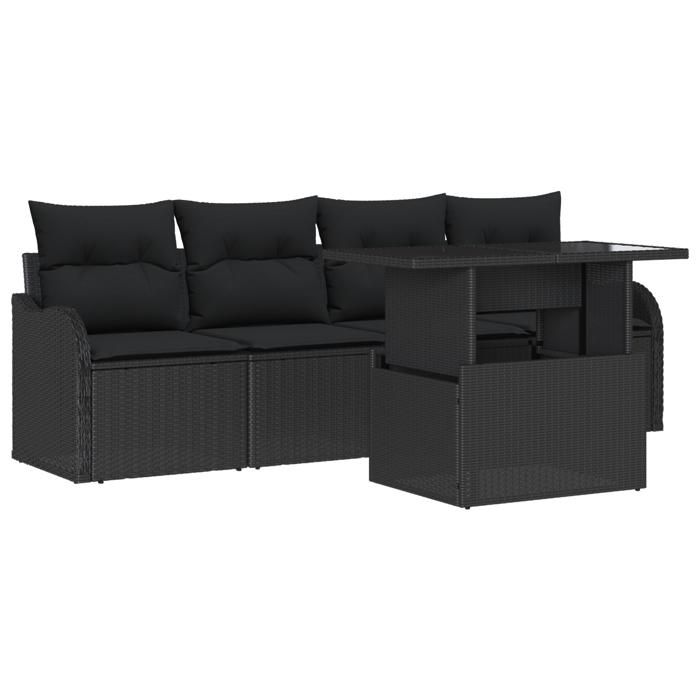 Ensemble de canapé de jardin 5 pièces vidaXL avec coussins en poly rattan noir, Canapé de jardin 2 places vidaXL 3357106