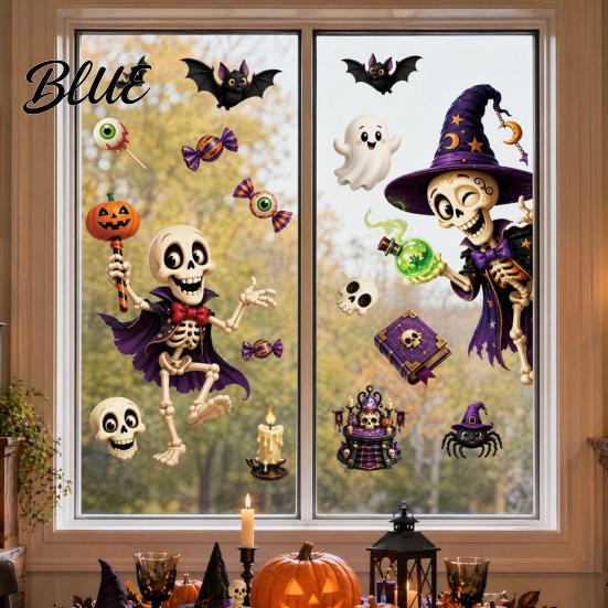 Non-adhesive Halloween Stickers 2 Sheets Window Clings Cartoon Skeleton Static Stickers Funny PVC Electrostatic Ghosts Bats Pumpkins for Glass Doors
