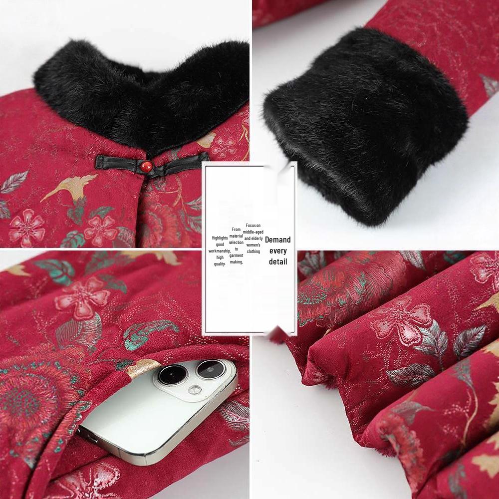 Winter Cotton Jacket for Elderly Women, Plus Velvet Thickened, Chinese Style, Ideal for Women Aged 70-80.