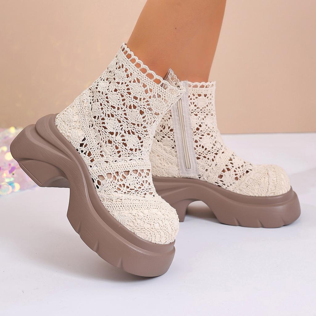 Sexy Hollow Out Side Zip Ankle Boots Women 2025 Autumn Chunky Platform Super High Heel Boots Lace Thick Bottom Booties