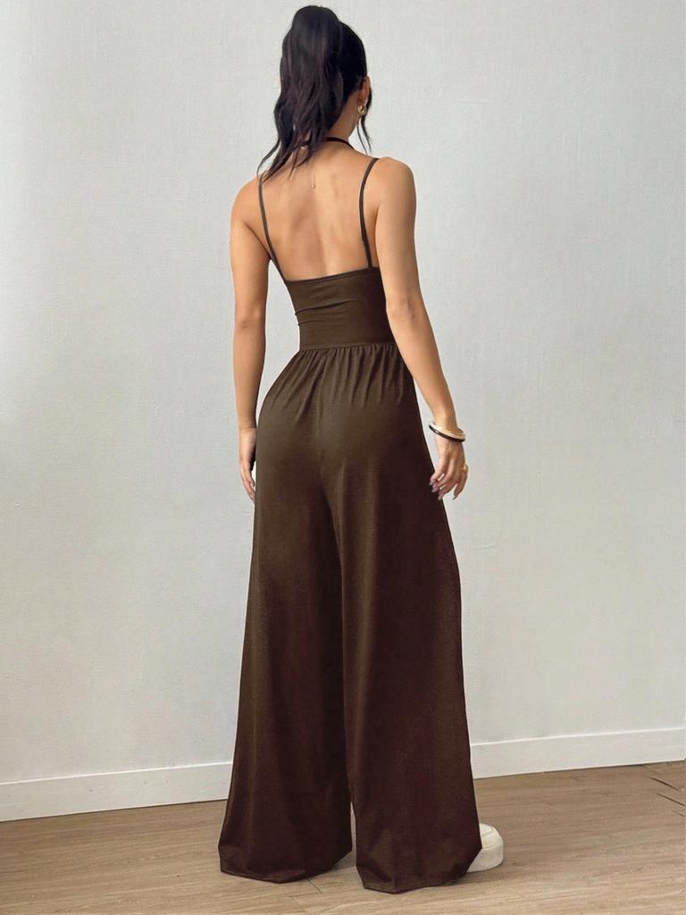 Combinaison d'été à bretelles pour femme, style wrap décontracté, body, jambe large, coupe ample