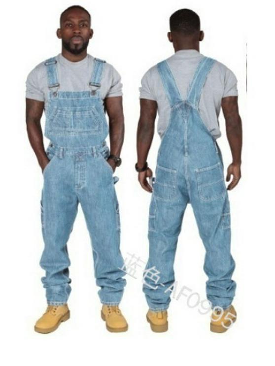 Men's Cross-border Denim Jumpsuit with Multiple Pockets - Dark Blue/Light Blue Workwear Overalls
