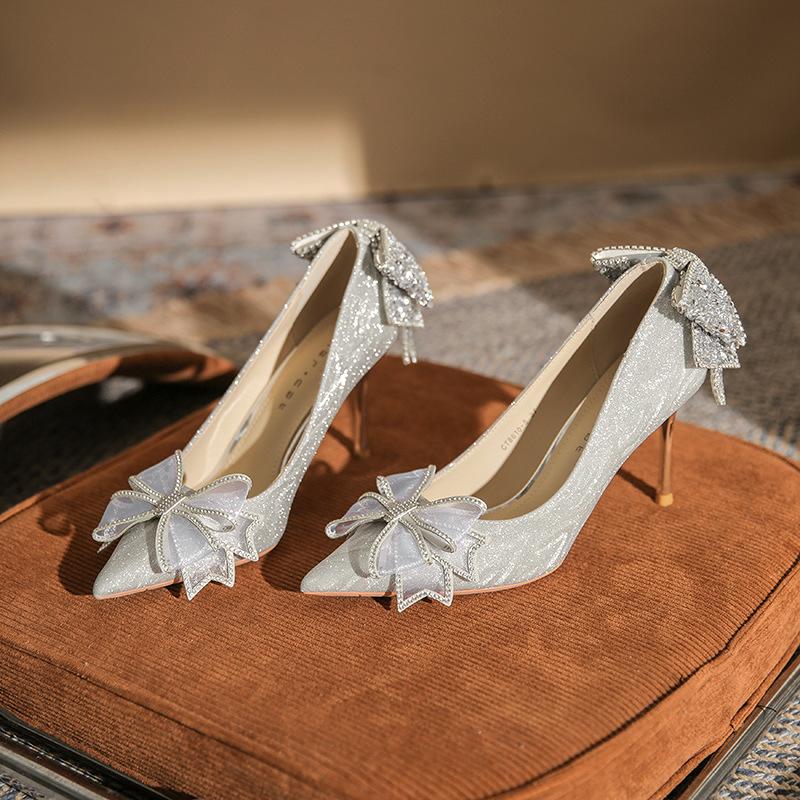 860-3 high heels women's thin heels spring 2025 new crystal wedding shoes pointed rhinestone bow single shoes
