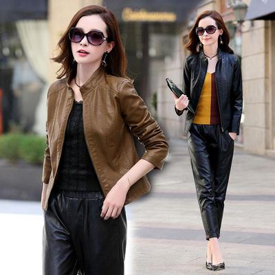 Chaqueta de Motociclista de Piel de Cordero Ajustada para Mujer, Cuello Mao Corto, Estilo Coreano Otoño/Invierno