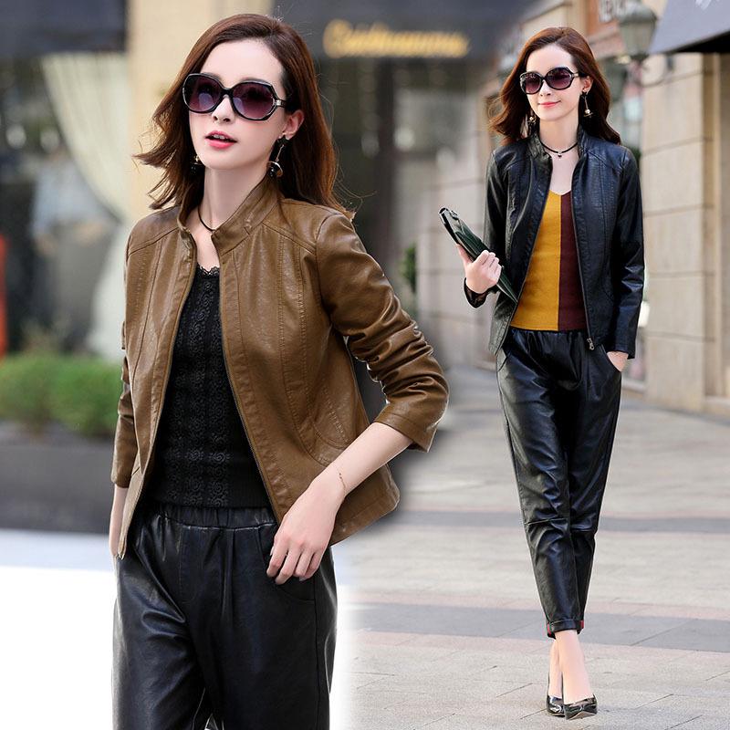 Women's Slim Fit Lambskin Motorcycle Jacket, Short Stand-up Collar, Autumn/Winter Korean Style