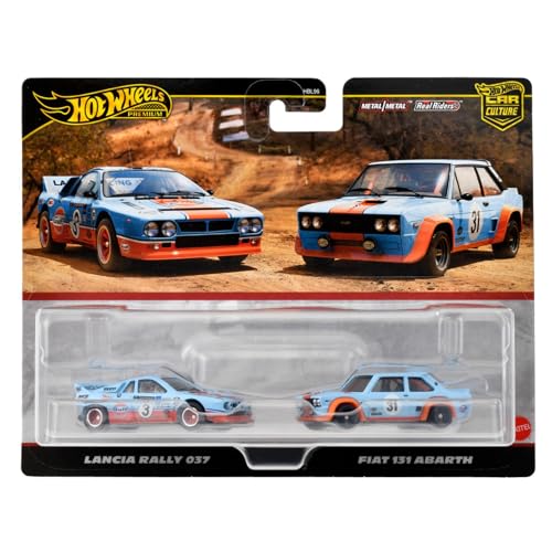 Hot Wheels Premium 2-Pack Lancia Rally 037 / Fiat 131 Abarth Vehicle Toy Diecast Cars for Ages 3 and Up, Blue, HRR81