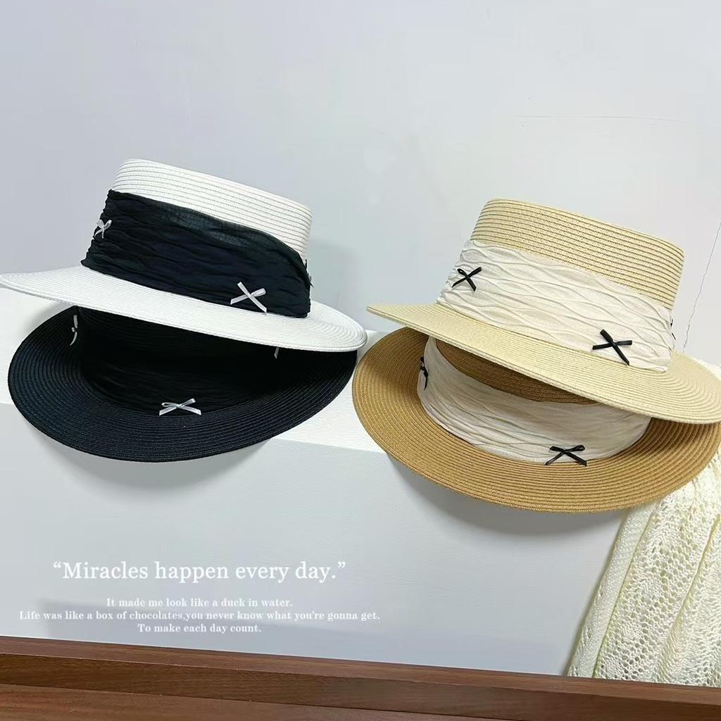 Summer Small Fresh Bow Flat Top Straw Hat Women's Travel Shade Straw Versatile Top Hat Seaside Holiday Hat