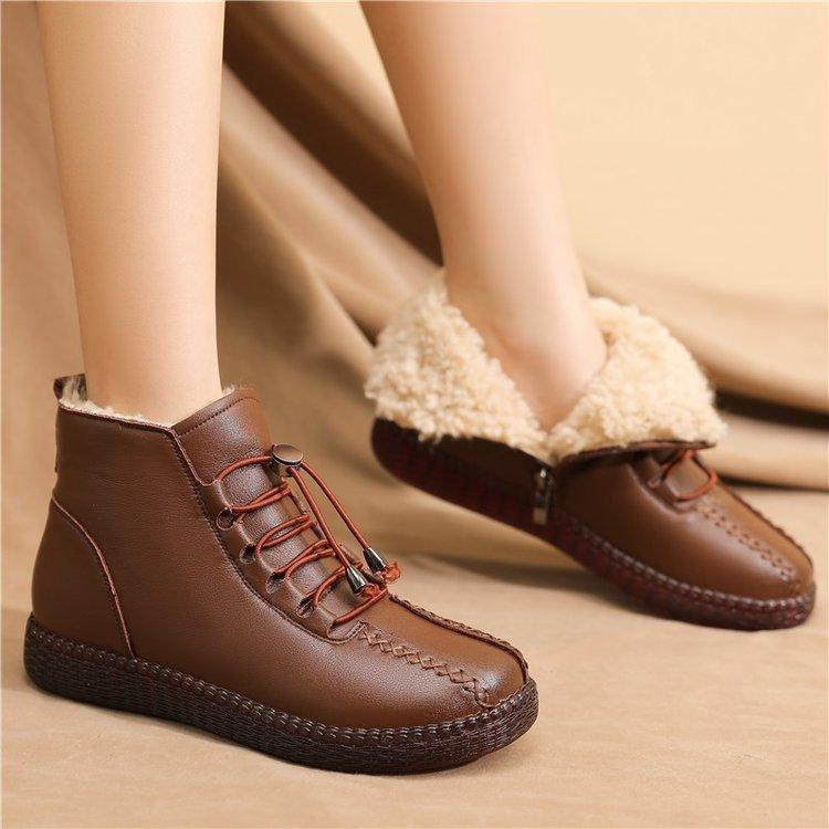 Winter New Mother's Cotton Shoes Snow Boots Plush Warm Middle-aged Old-age Cotton Shoes Soft Soled Flat Bottomed Women's Cotton Boots