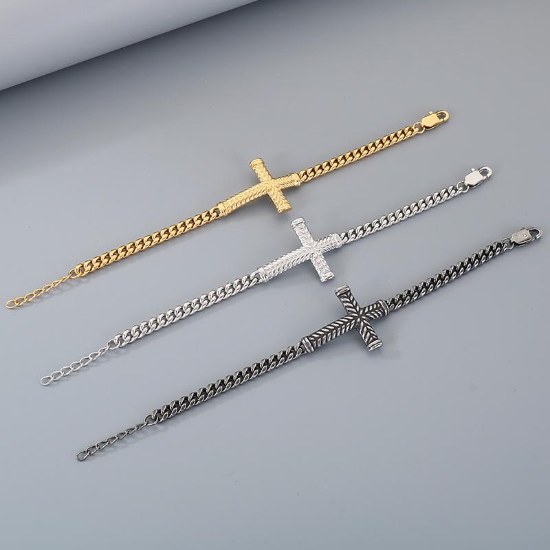 Golden Cross Cuban Link Bracelet for Men Stainless Steel Chain with Adjustable Extender Jewelry Trendy Religious Daily Accessory