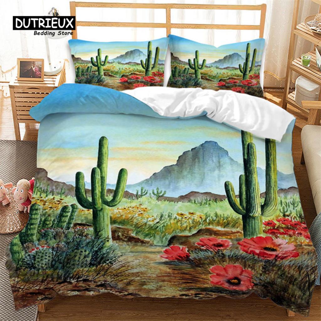 Cartoon Cactus Duvet Cover Spring Garden With Boho Style Bouquet of Thorny Plants Blossoms Decor 3 Piece Bedding Set Pillowcases
