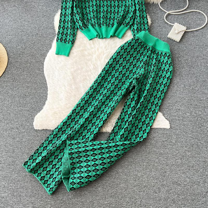 Invierno Vintage Elegante Nuevo Conjunto de 2 Piezas Mujer Estilo Americano Retro Slim Trajes de Pantalón Femenino Estampado Cintura Alta Casual Conjuntos 2024