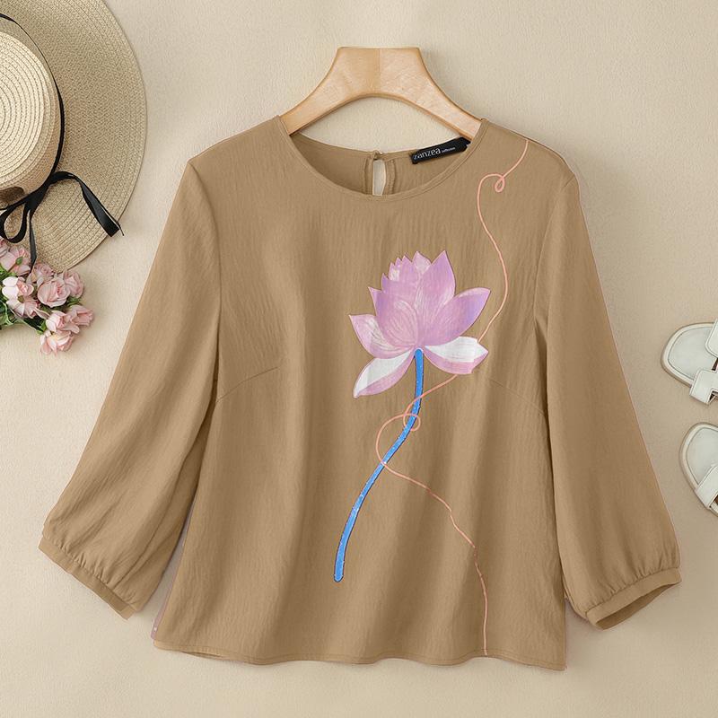 

ZANZEA Women Casual Round Neck Floral Print 3/4 Sleeve Blouse 5XL хакі