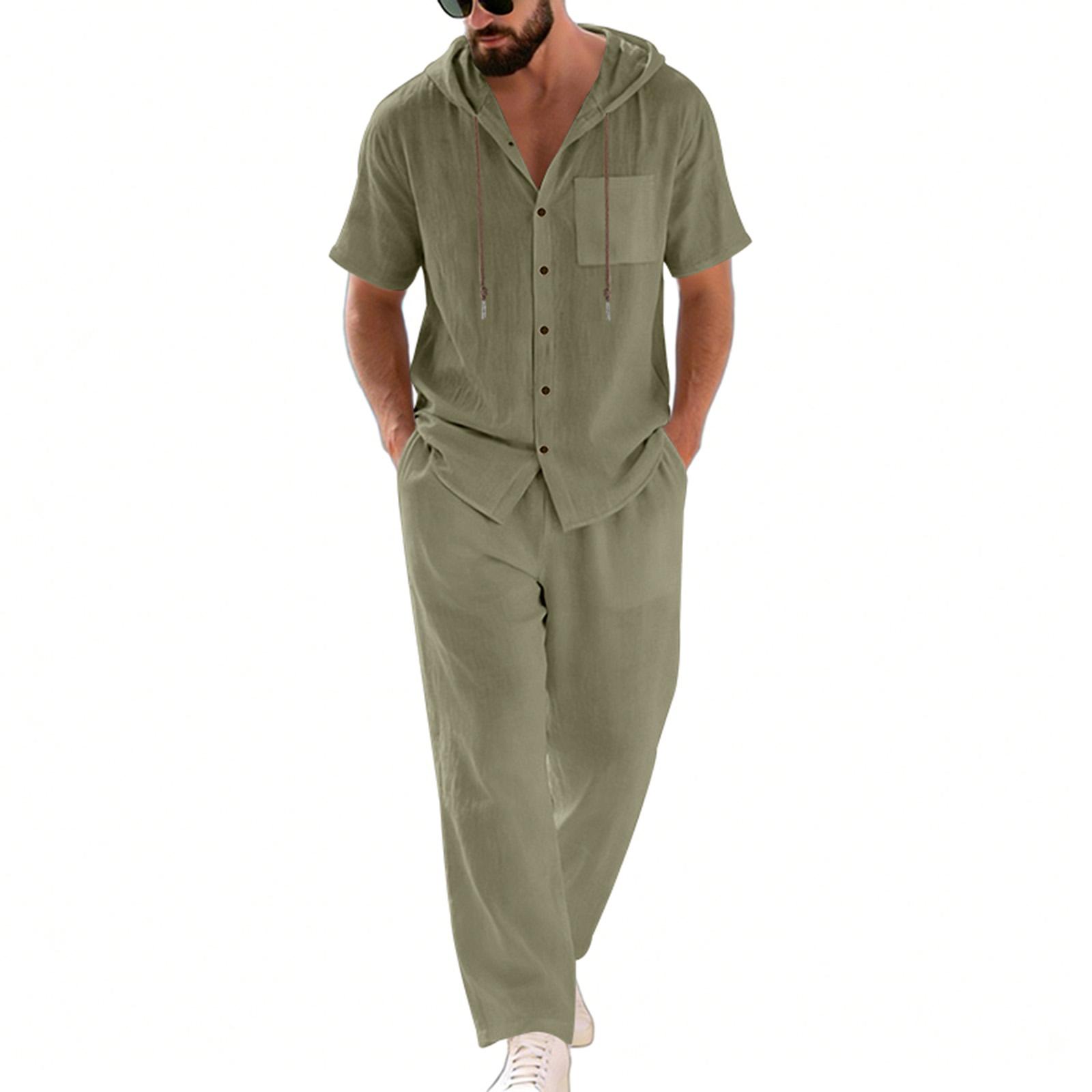 

Men s Casual Hooded Short-Sleeve Two-Piece Set – Summer Loose, Breathable Outfit L армия зеленый