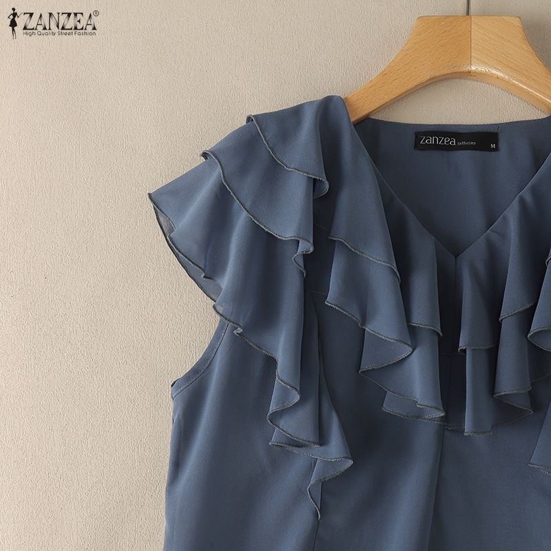 ZANZEA Women Elegant Ruffles V-neck Solid Color Sleeveless Blouse