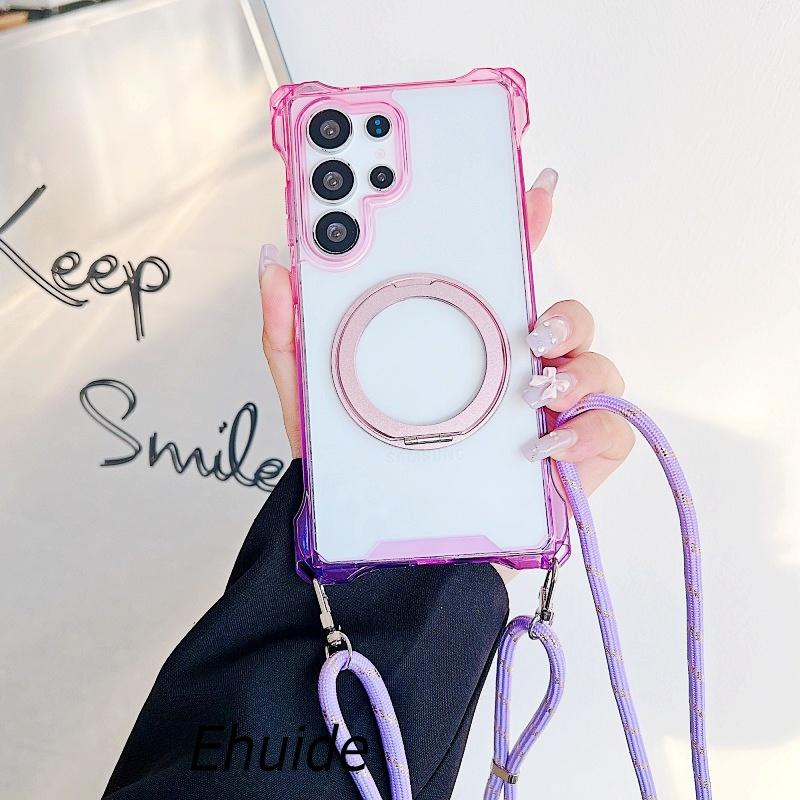 

Gradient Case For Samsung Galaxy S25 Ultra S23 S22 S24 Plus 360 Ring Holder Magnetic Lanyard Four Corners Shockproof Strap Cover S25
