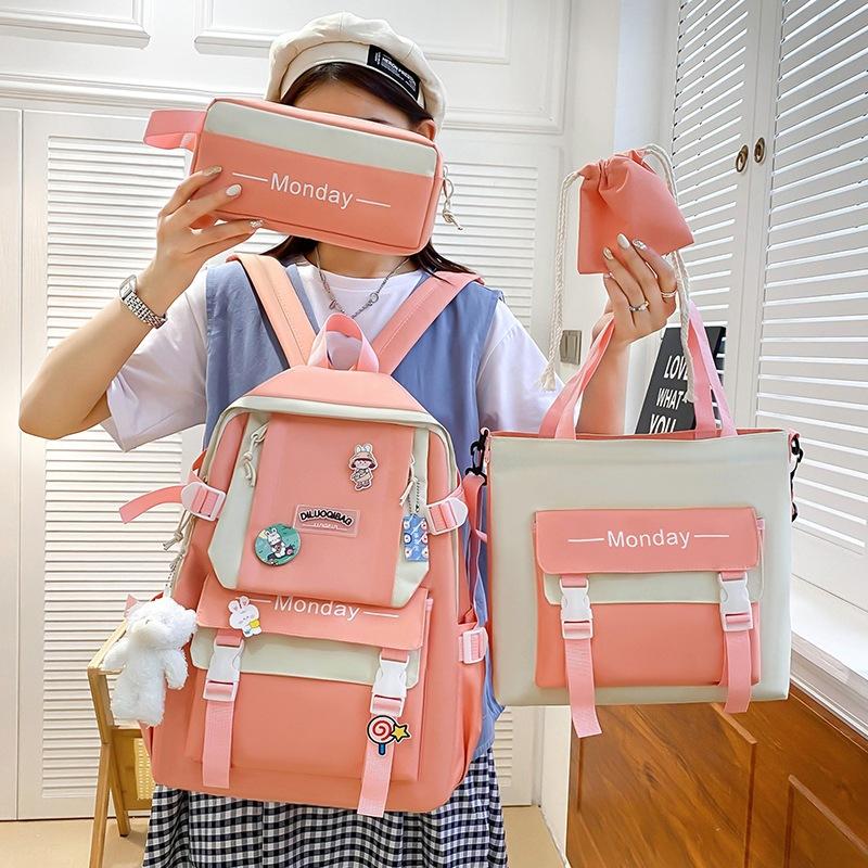 School bag four-piece school bag female versatile primary school student backpack tote bag fashion color matching large-capacity junior high school