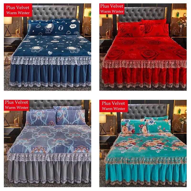 Warm Bed Skirt Crystal Velvet Thickened Bedspread Three Piece Set Flannel Bed Linens King Queen Size with Pillowcases