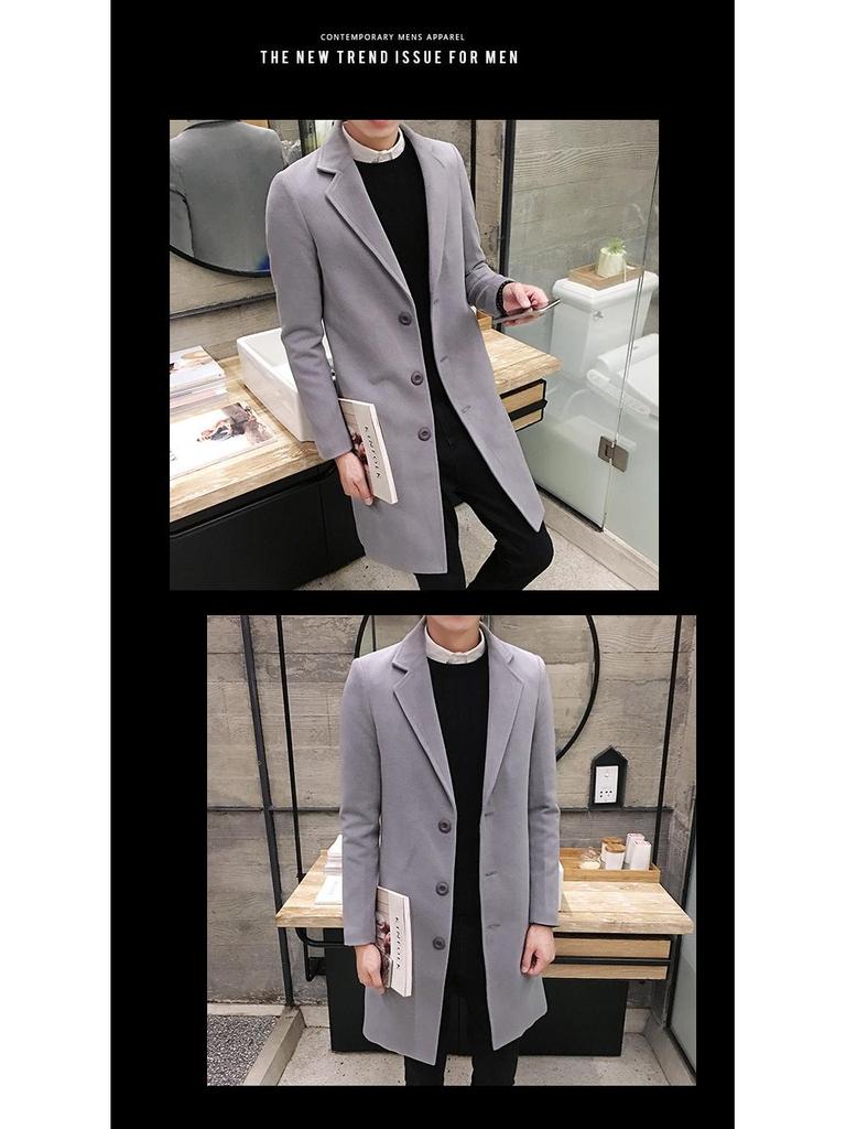 Męski wełniany płaszcz trenczowy slim fit w stylu koreańskim - Średniej długości, modny i przystojny strój jesienno-zimowy
