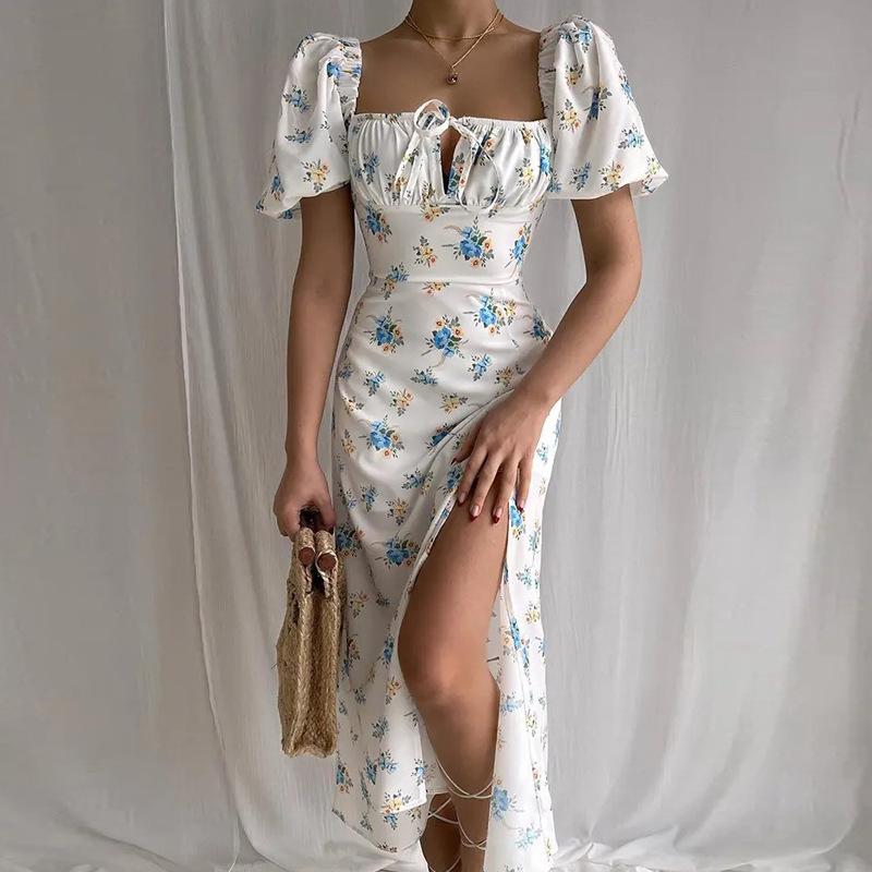 2026 Spring Women's Elegant Floral Slit Lace-up Dress - European & American Style