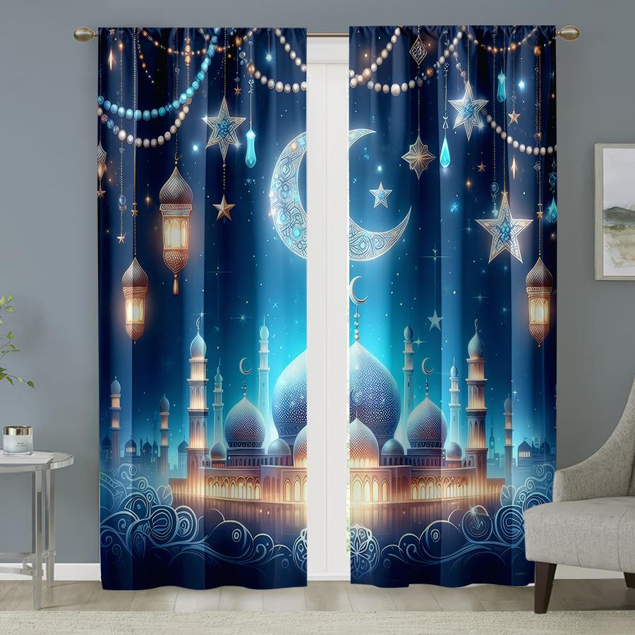 2 ks Očarující mešita a lucerna noční závěsy   Ideální pro dekoraci oken na Ramadan/Eid   Elegantní dekorace obývacího pokoje/ložnice