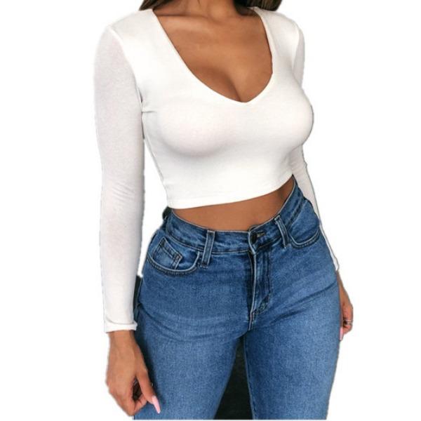 

Однотонная футболка с V-образным вырезом, открытым пупком, облегающая, с длинными рукавами и коротким топом, демонстрирующая хорошую фигуру L