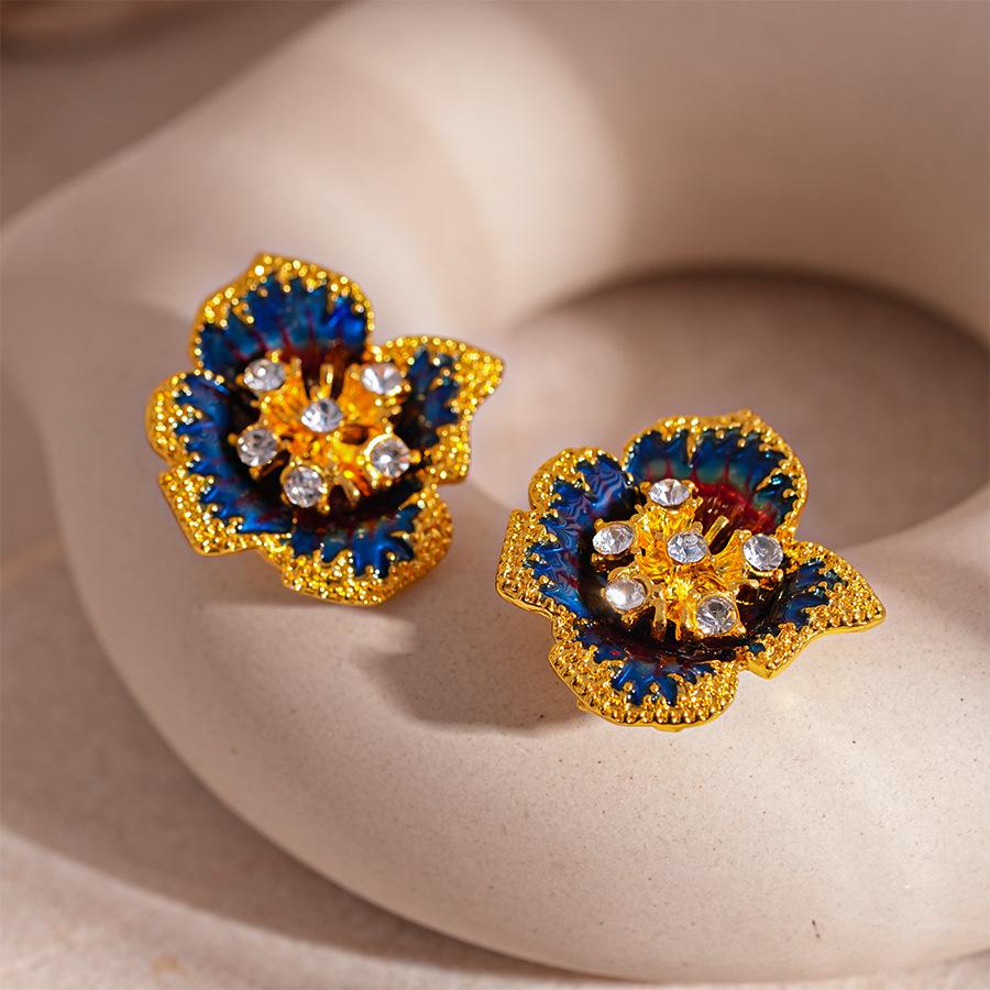

French Court Style Drip Glaze Rhinestone Flower Earrings, Silver Needle Studs, Retro & Elegant for Women